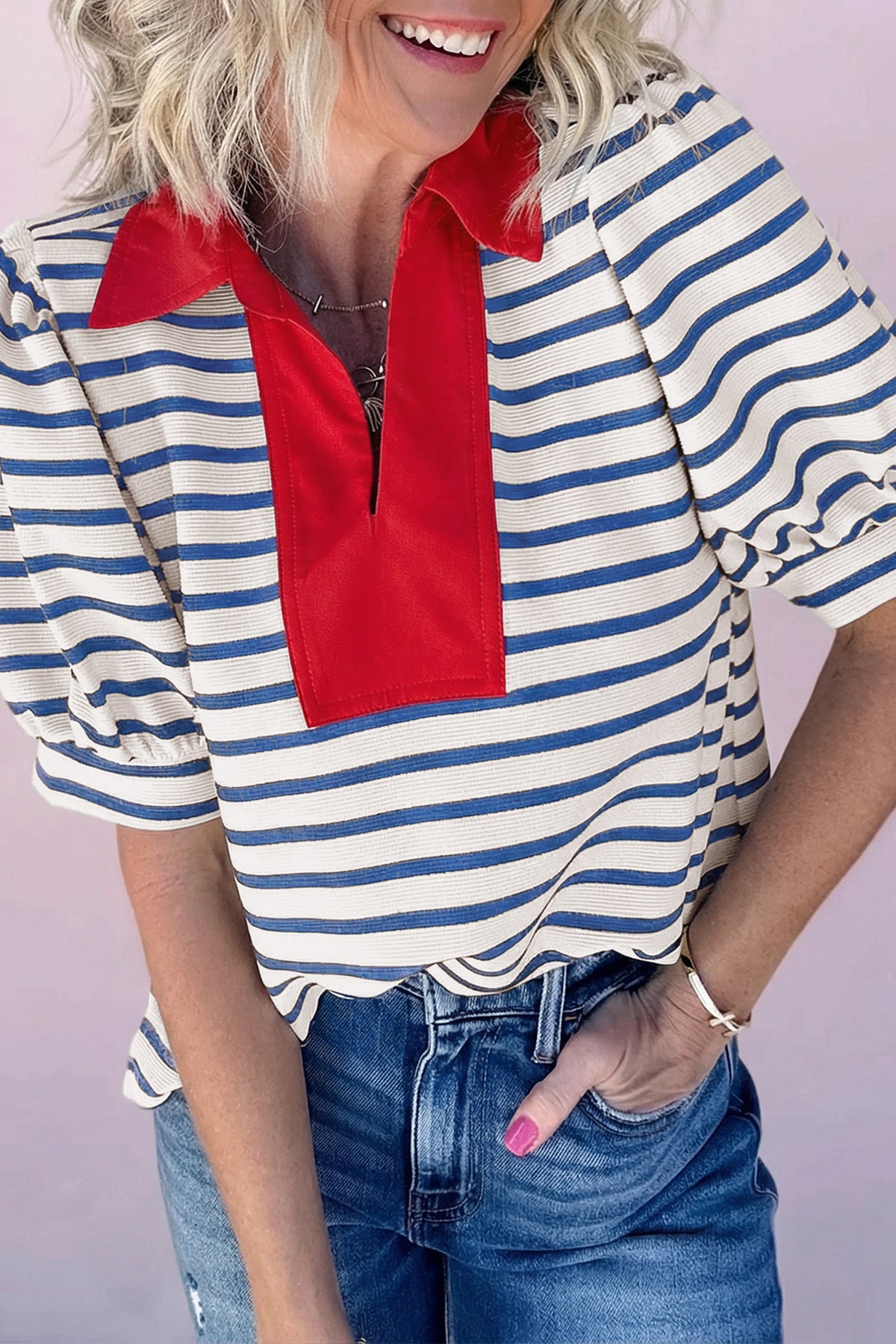 Black Stripe Short Puff Sleeve Color Block Polo Collar Blouse