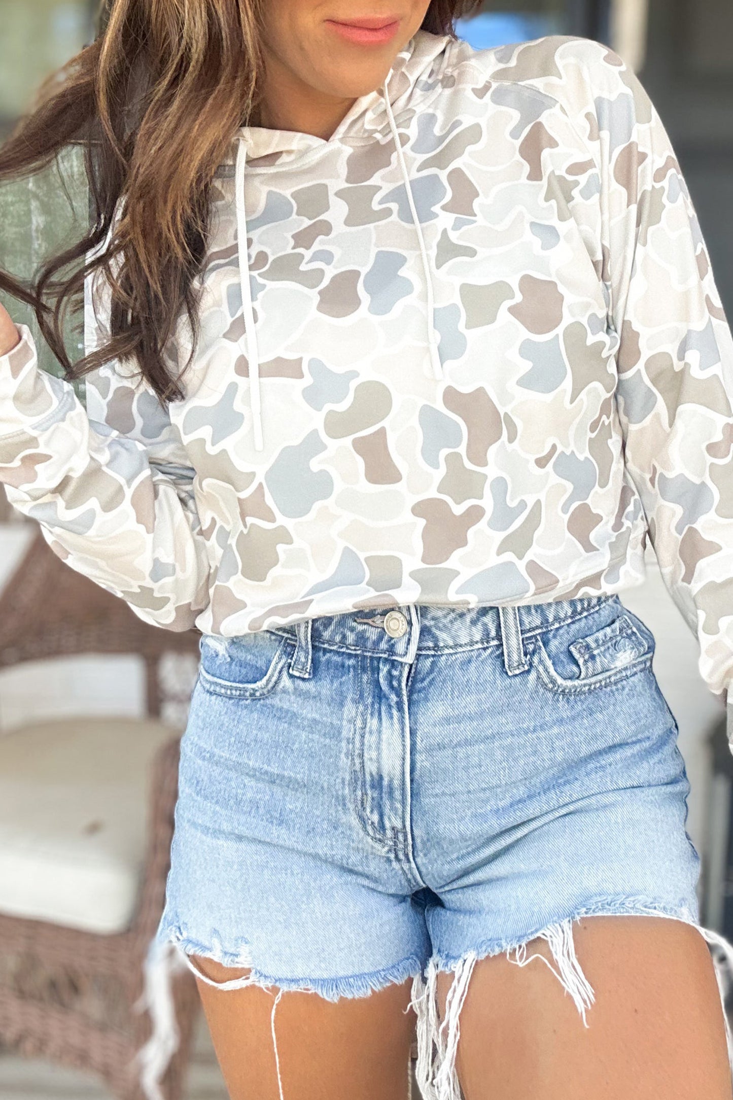 Beige Camouflage Print Relaxed Drawstring Hoodie