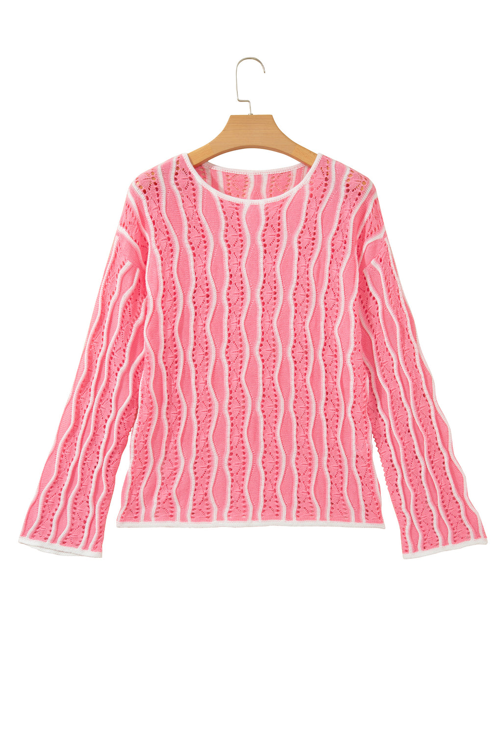 Khaki Wavy Detail Hollow Out Knit Long Sleeve Cotton Pullover Sweater