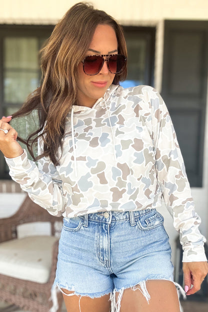 Beige Camouflage Print Relaxed Drawstring Hoodie