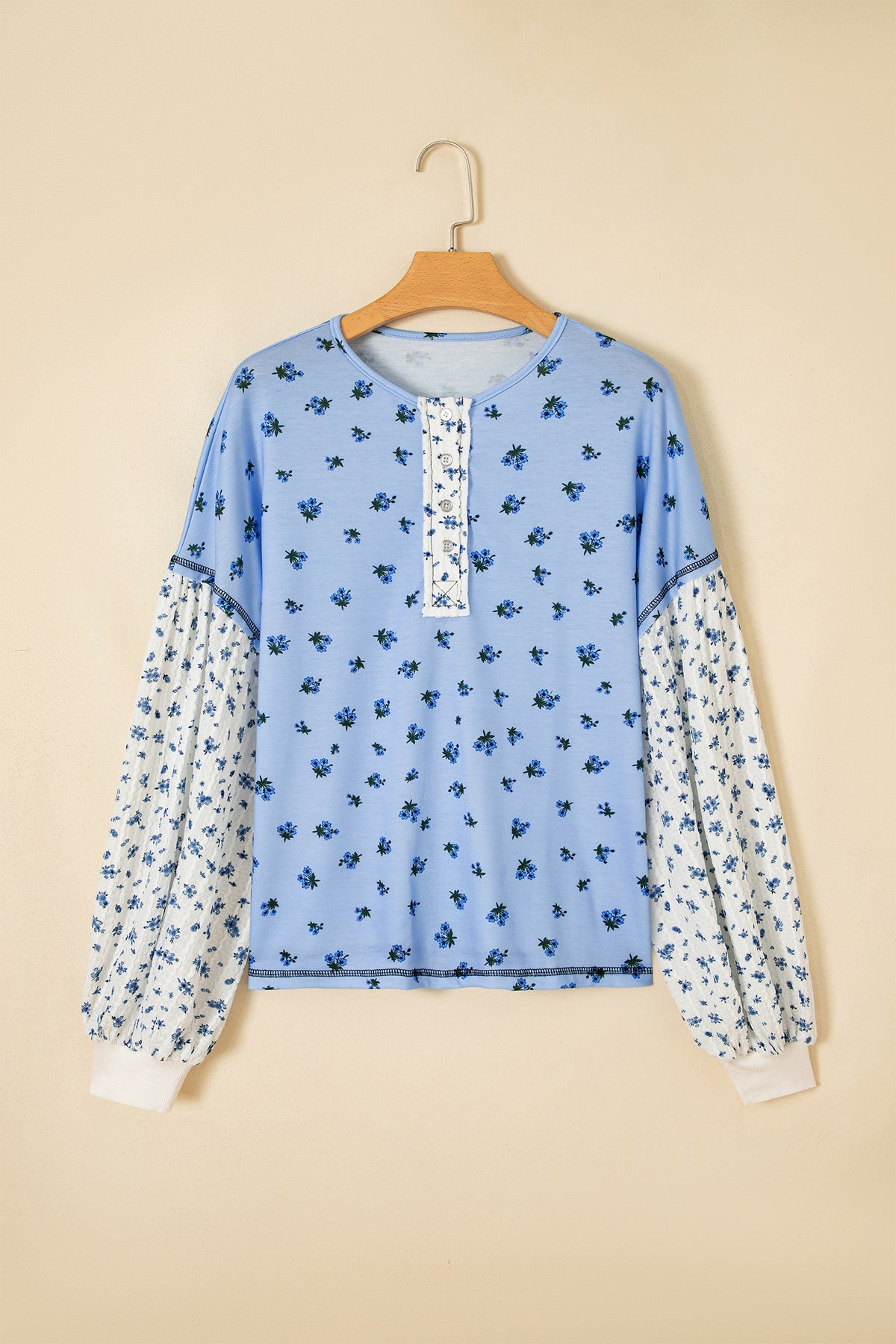 Sky Blue Floral Print Contrast Long Sleeve Tops