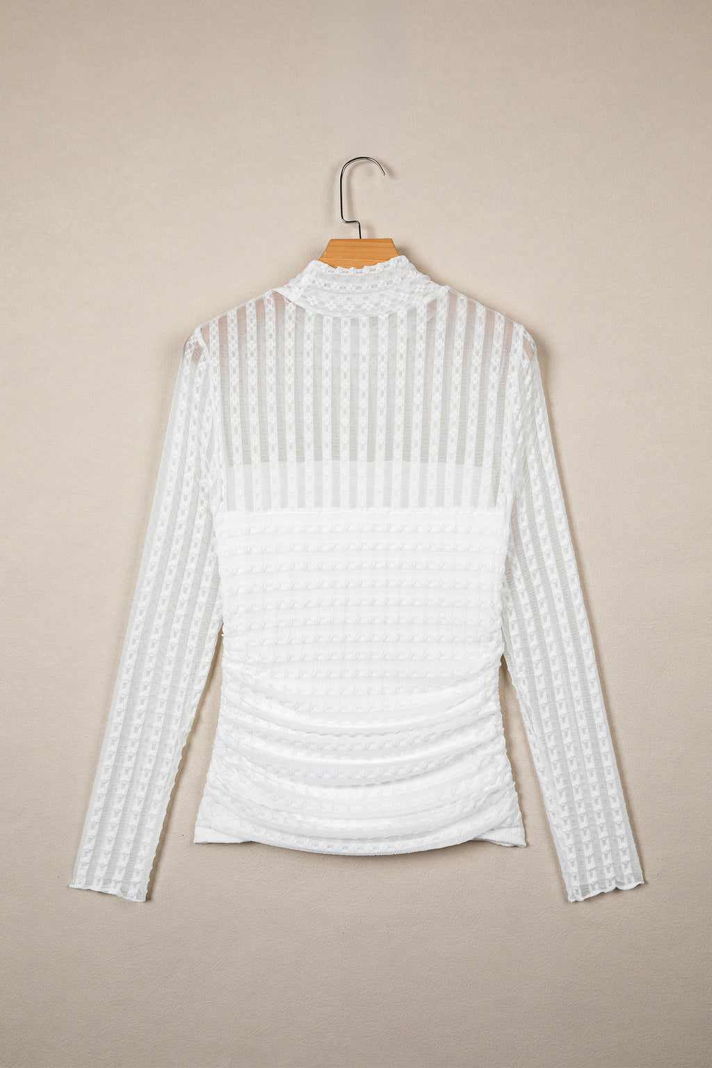 Beige Textured Sheer Lace High Neck Long Sleeve Top
