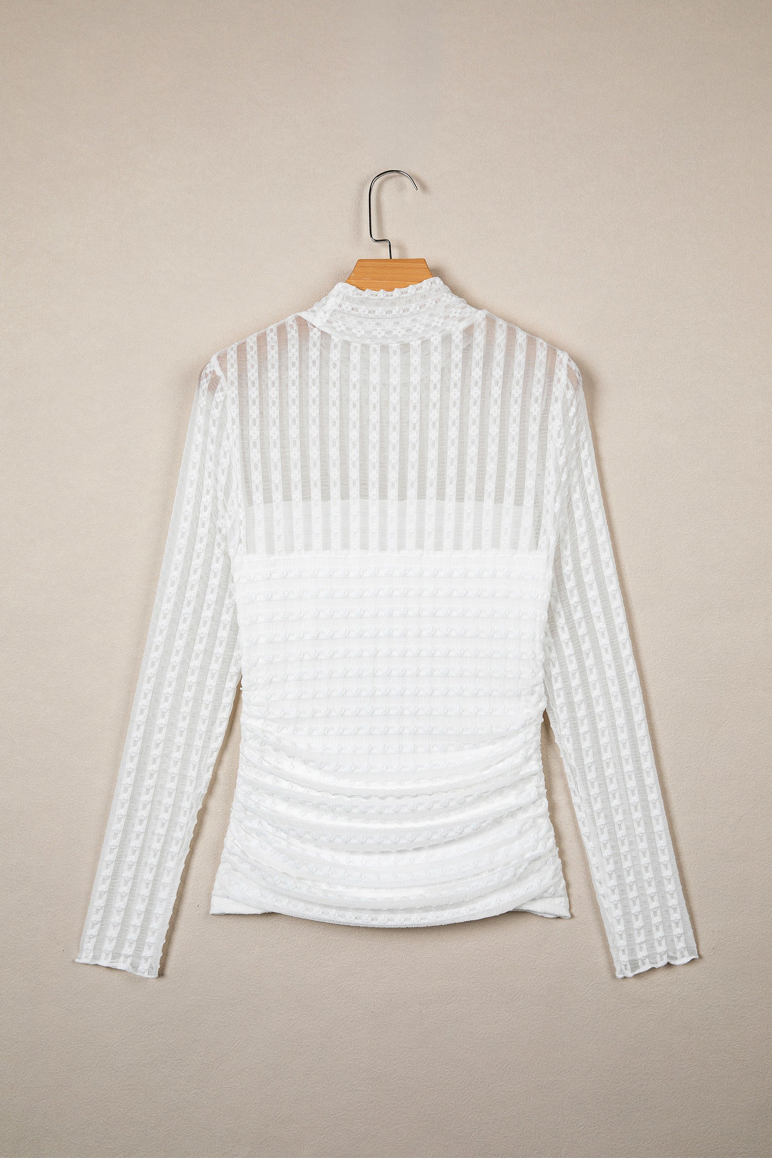 Beige Textured Sheer Lace High Neck Long Sleeve Top