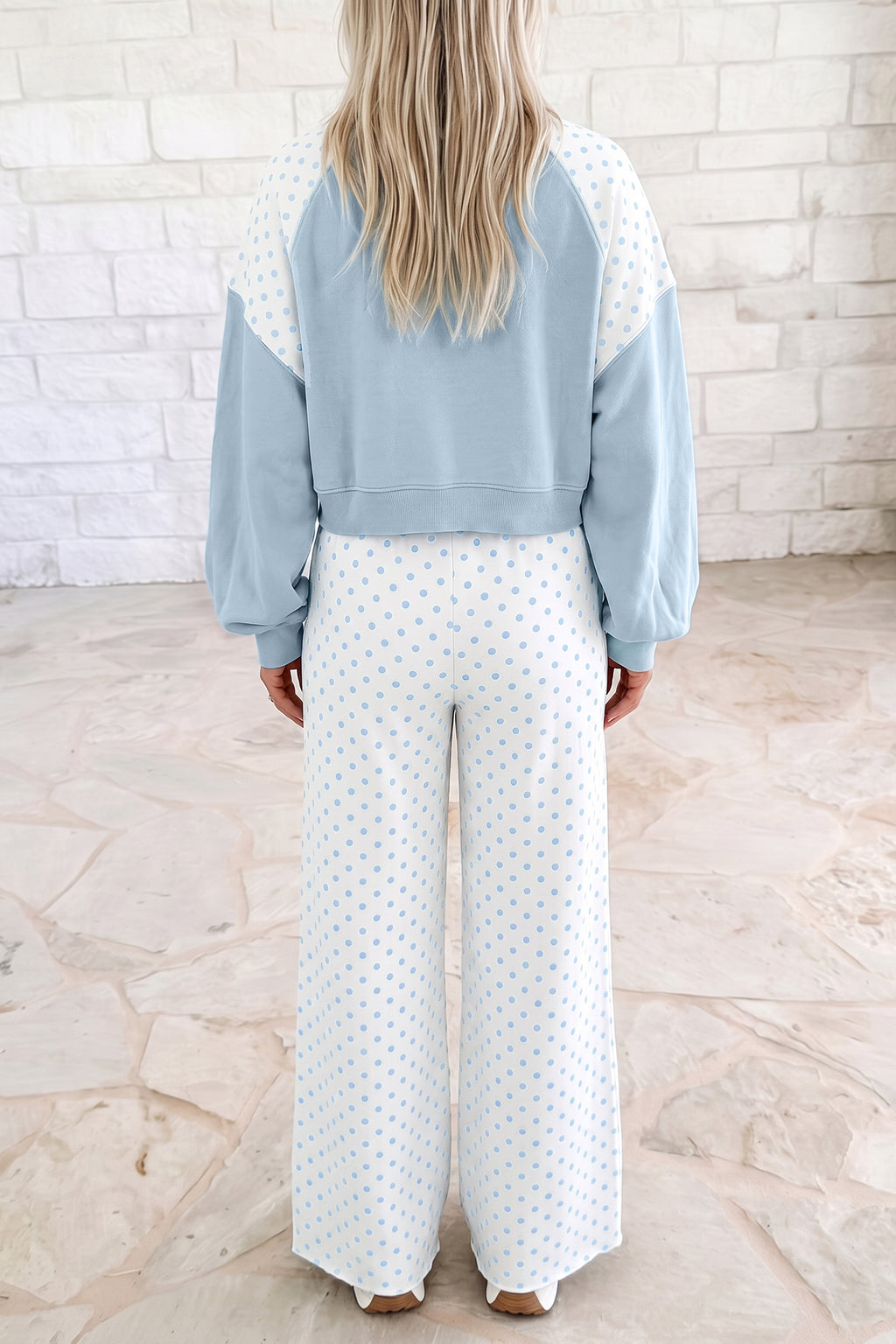 Green Polka Dot Patchwork Colorblock Long Sleeve Casual Two Piece Pants Set