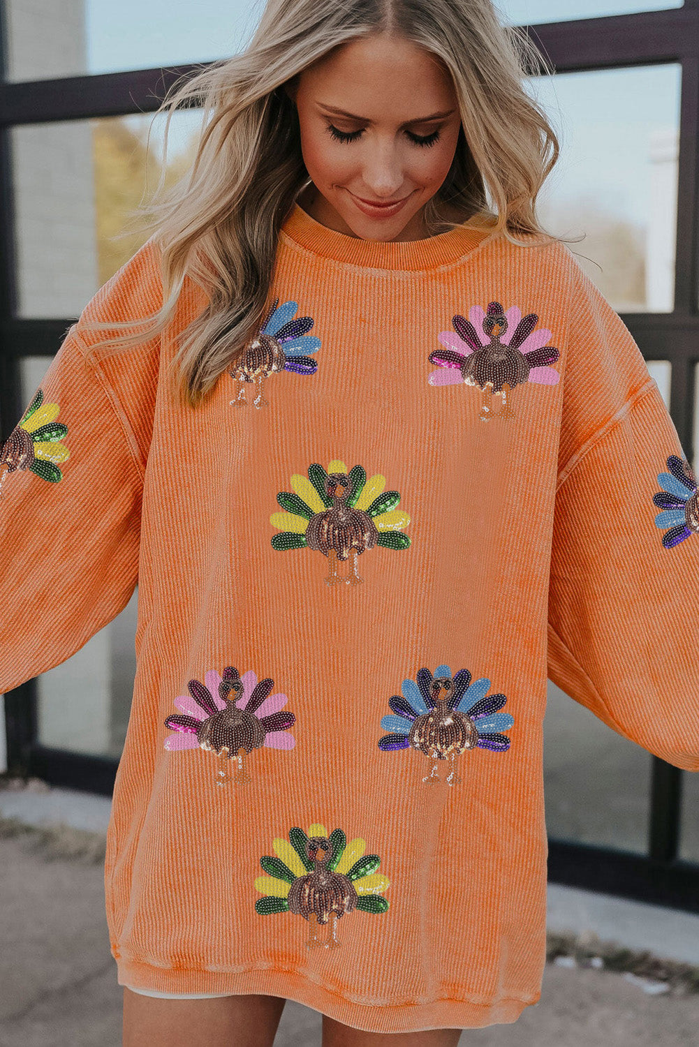 Apricot Turkey Graphic Corded Baggy Sweatshirt