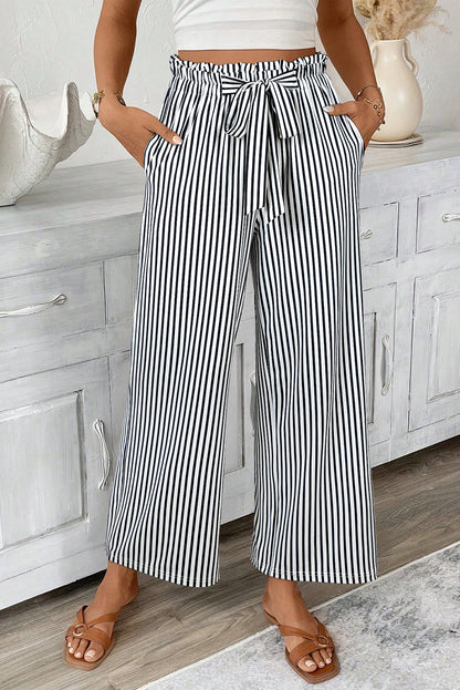 Black Stripe Tied High Waist Loose Straight Casual Pants