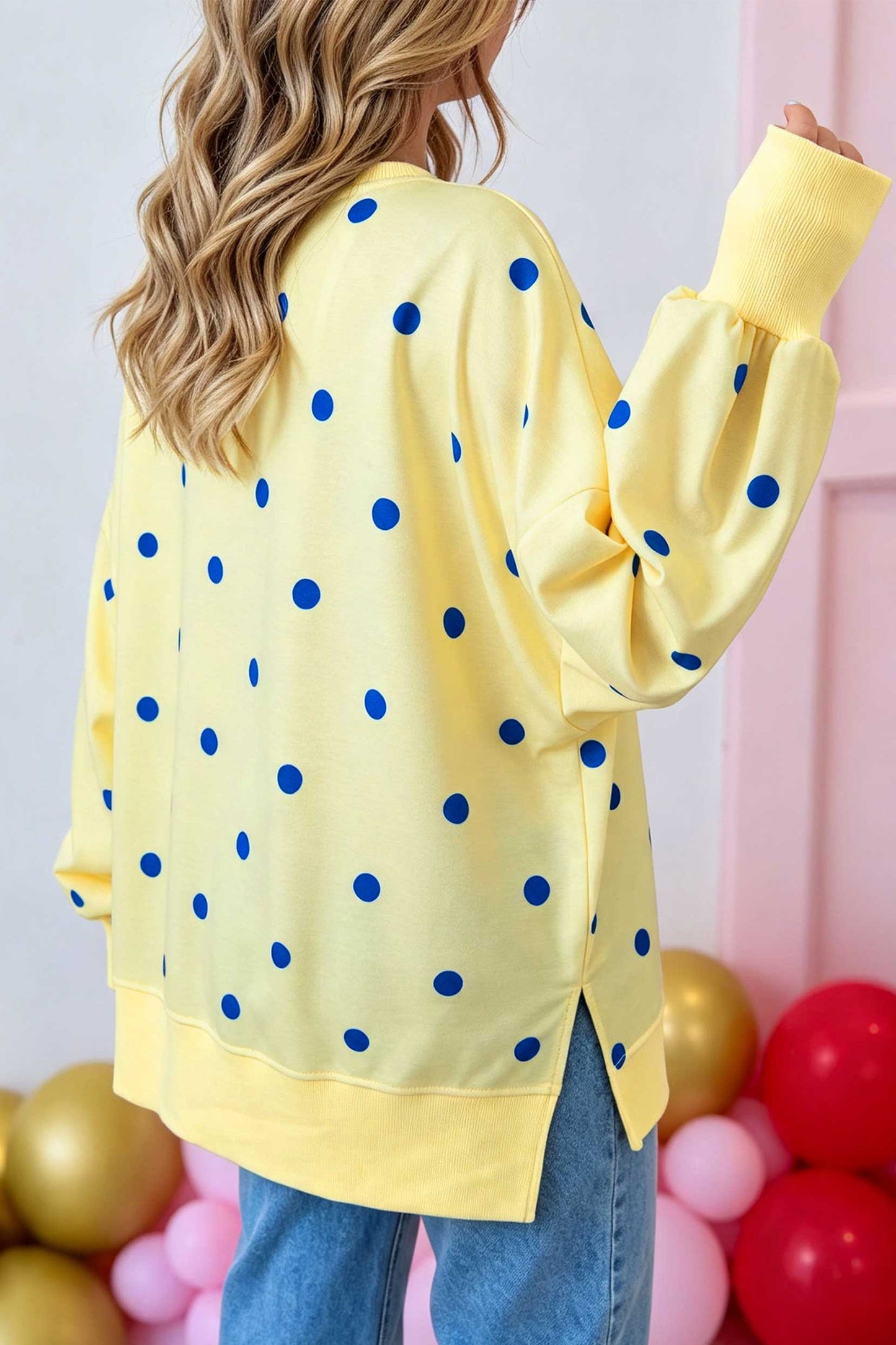 Yellow Polka Dot Loose Long Sleeve Split Hem Pullover Top