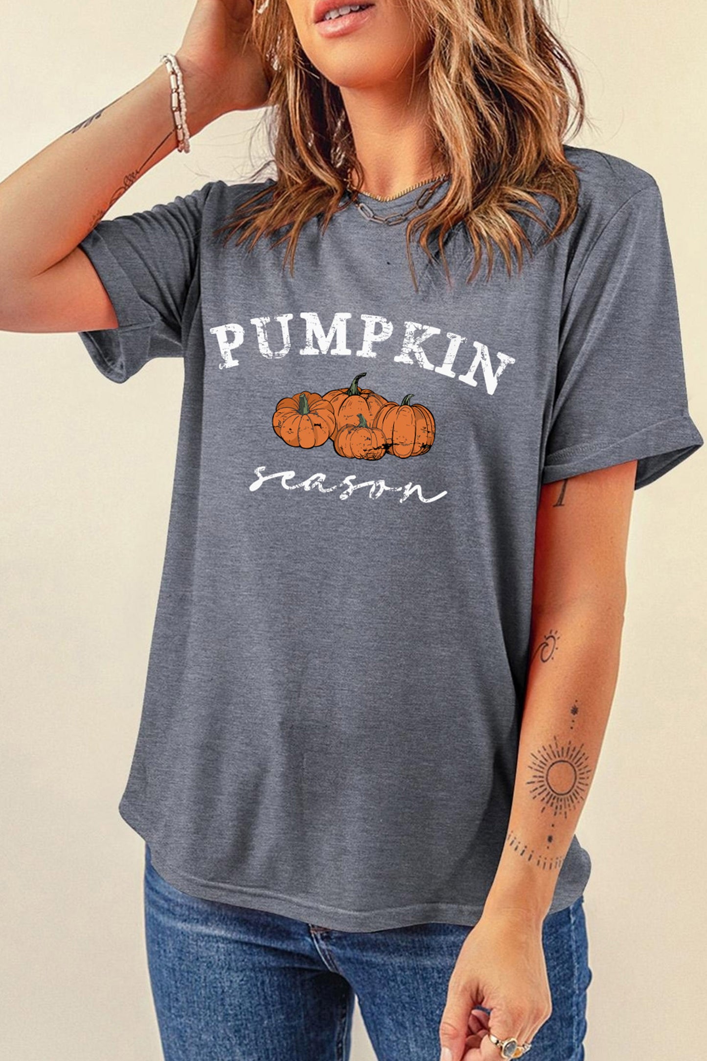 Gray Pumpkin Season Graphic Round Neck Short Sleeve T-Shirt