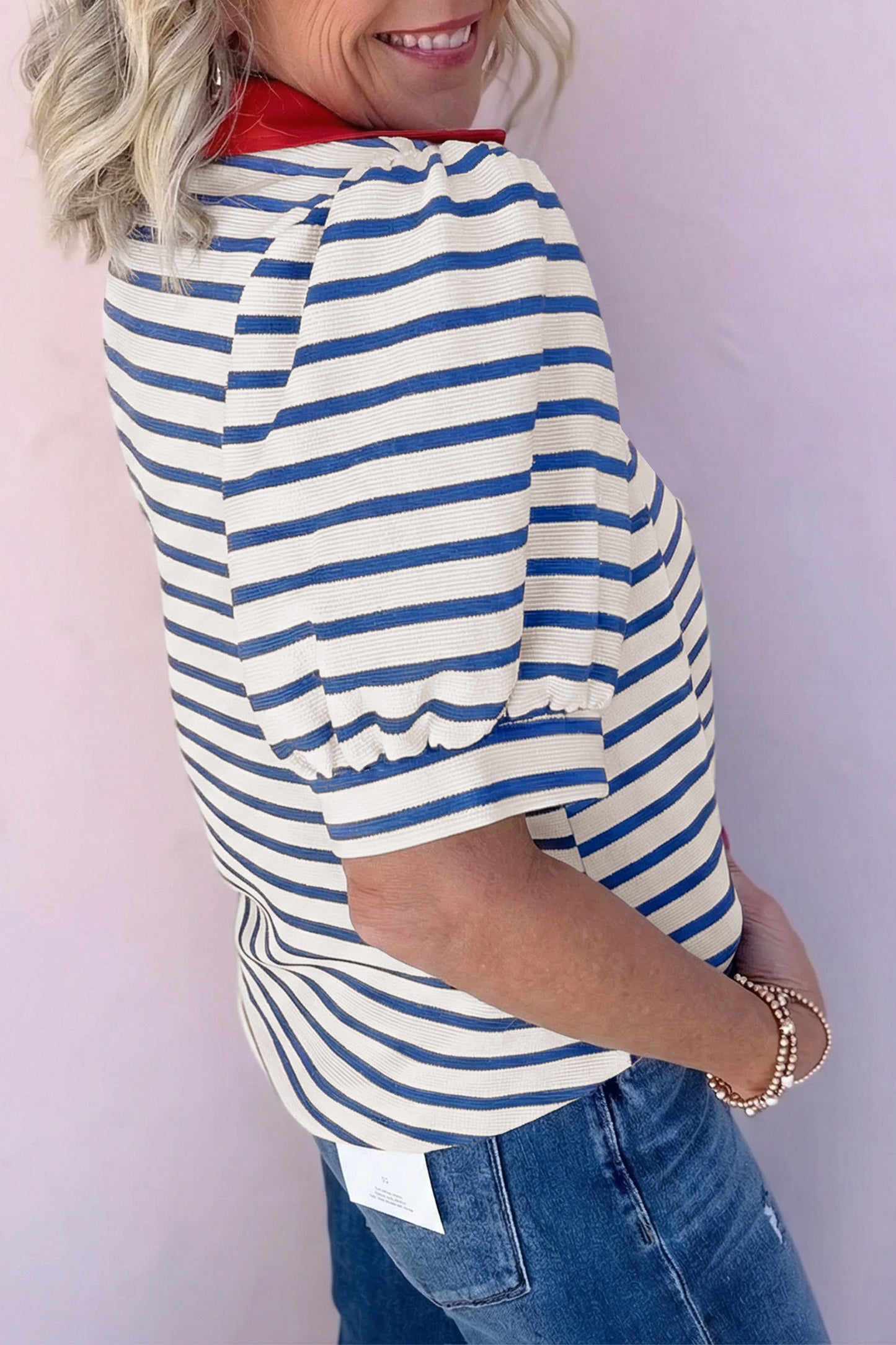Black Stripe Short Puff Sleeve Color Block Polo Collar Blouse
