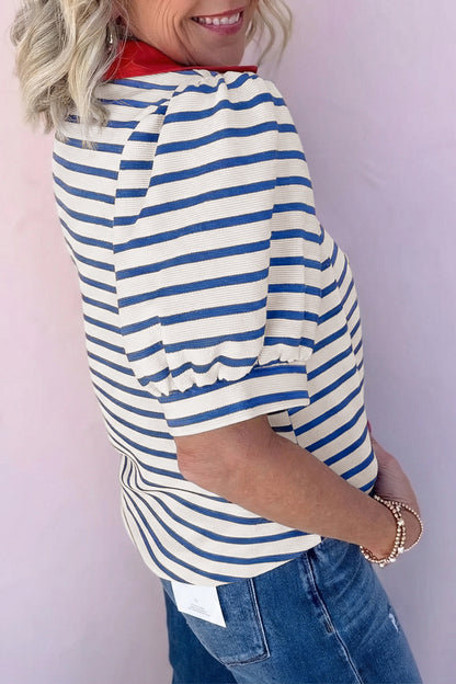 Black Stripe Short Puff Sleeve Color Block Polo Collar Blouse