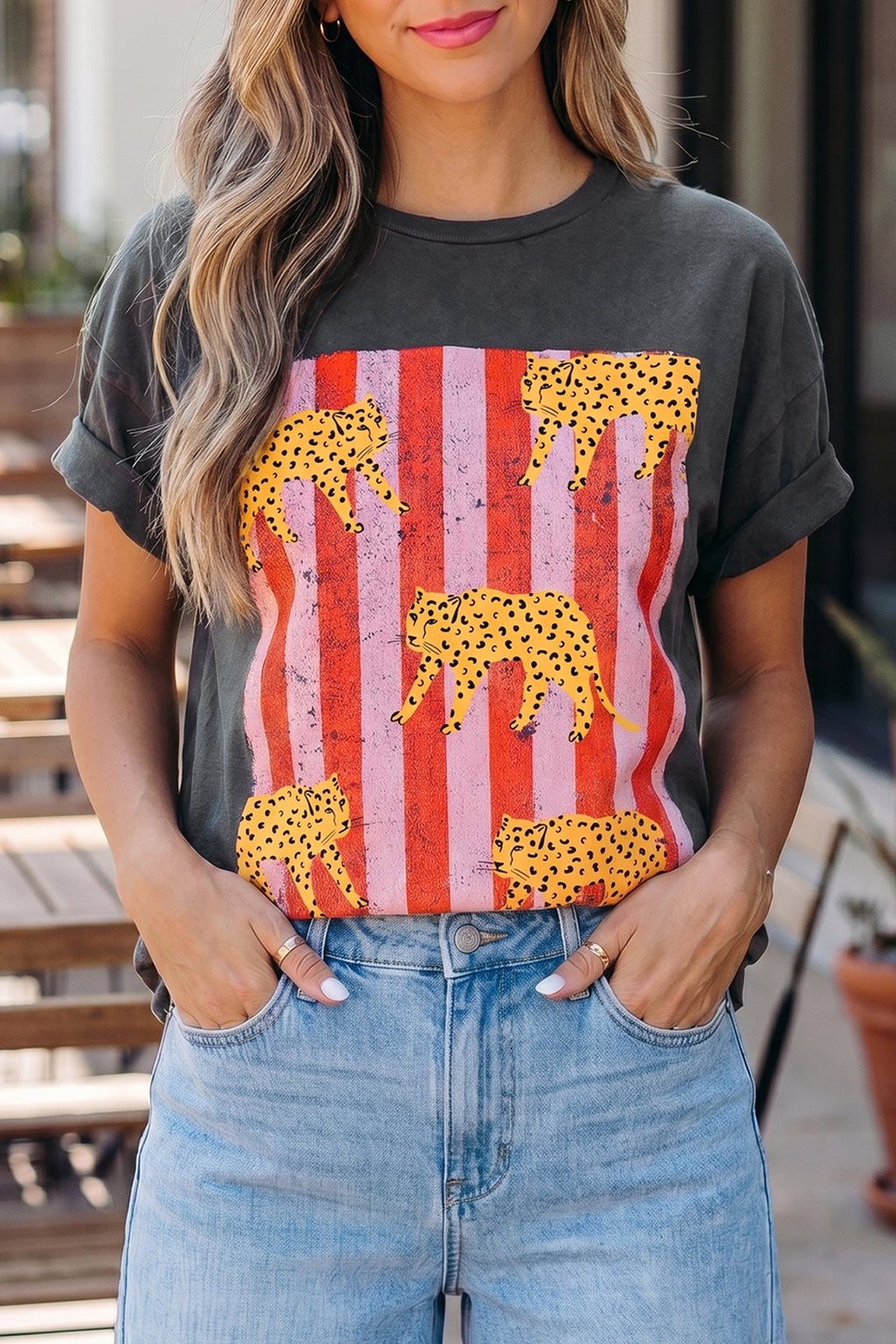 White Cheetah Striped Print Retro Fashion Graphic Tee