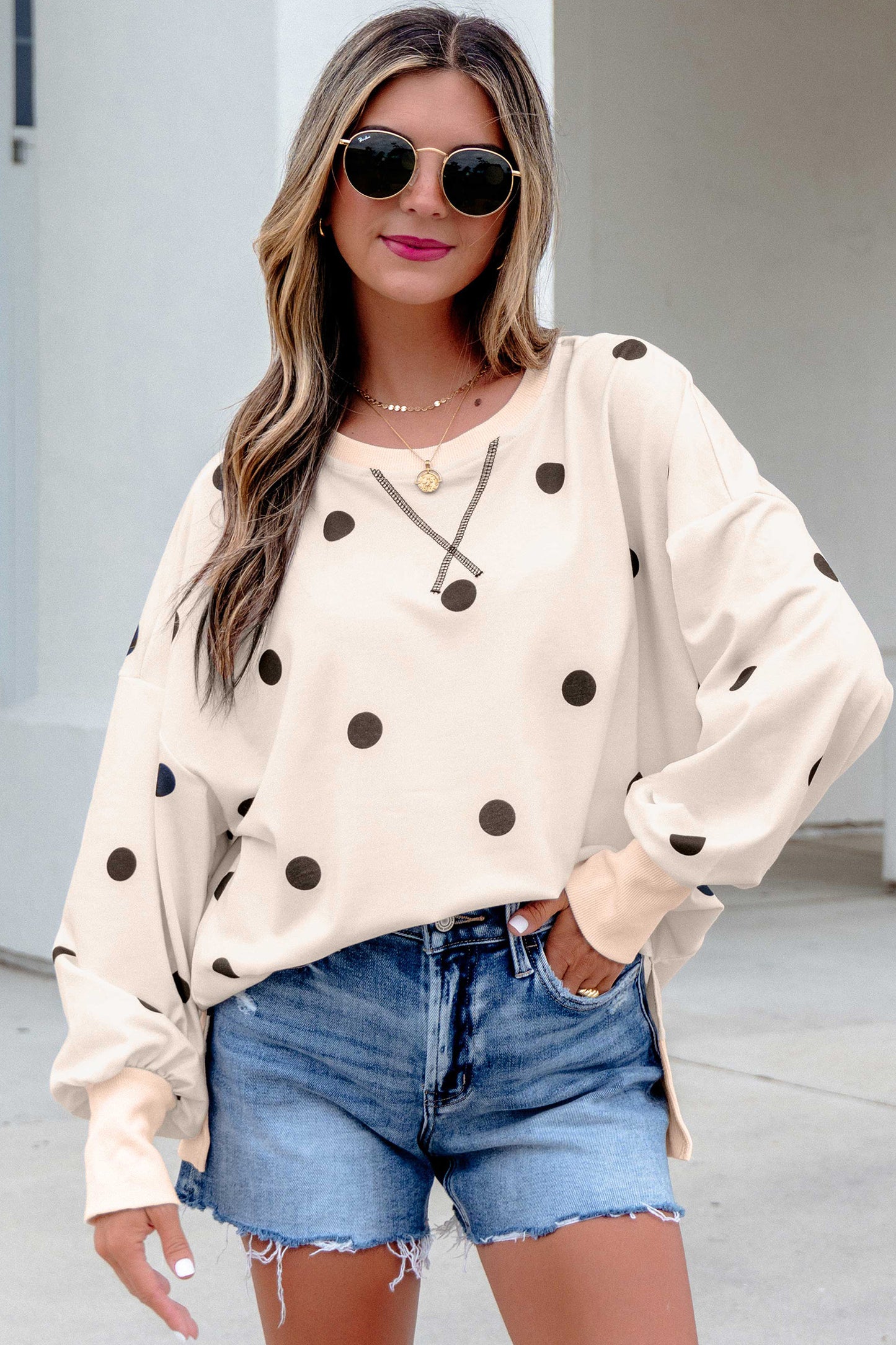 Yellow Polka Dot Loose Long Sleeve Split Hem Pullover Top