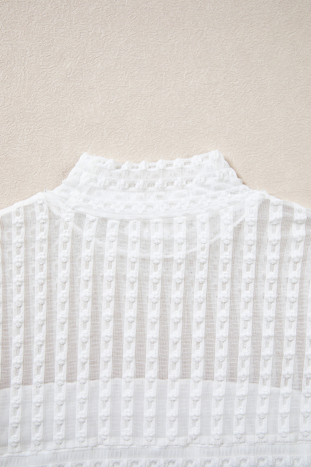 Beige Textured Sheer Lace High Neck Long Sleeve Top