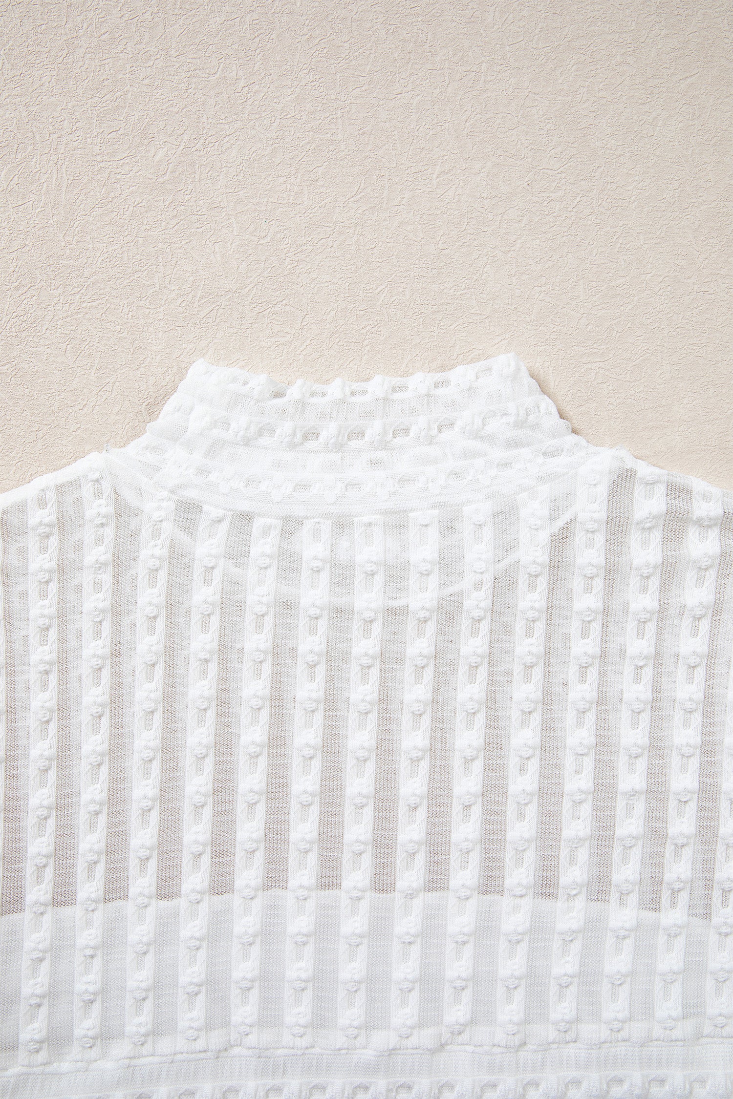 Beige Textured Sheer Lace High Neck Long Sleeve Top