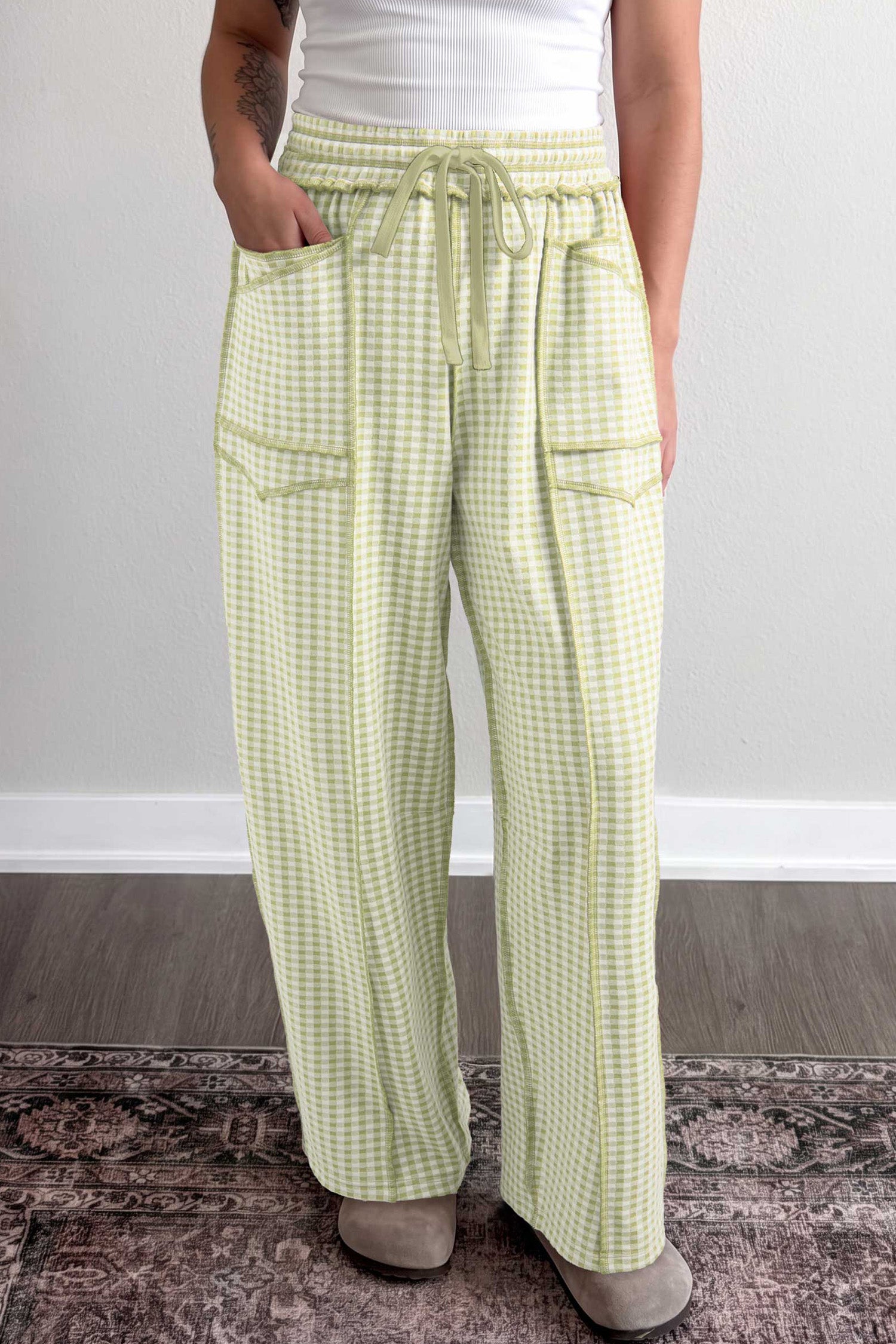 Red Plaid Contrast Trim Drawstring Elastic Waist Shift Pants